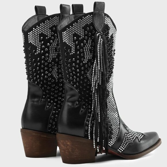 ⚡Women's Black Pointed Toe Rhinestone Boots Chunky Heel Rivet Western Ankle Boot - Picture 2 of 6